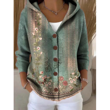 Women Floral Printing Long Sleeve Hoodie Casual Spring/Fall Cardigan Outerwear