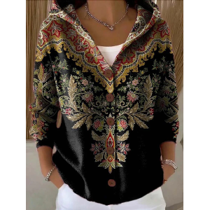 Women Floral Printing Long Sleeve Hoodie Casual Spring/Fall Cardigan Outerwear