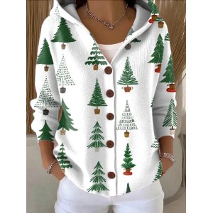 Women Christmas Printing Long Sleeve Hoodie Casual Spring/Fall Cardigan Outerwear