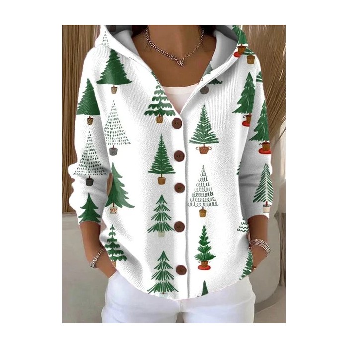 Women Christmas Printing Long Sleeve Hoodie Casual Spring/Fall Cardigan Outerwear