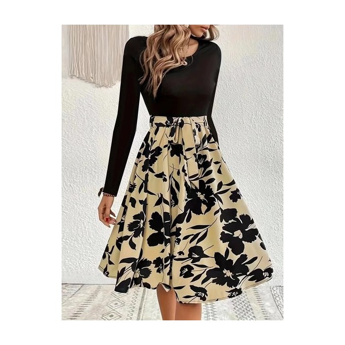 Women Floral Long Sleeve Spring/Fall Printing Dress Crew Neck Daily Vintage Mini Tank A-Line Dress