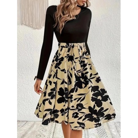 Women Floral Long Sleeve Spring/Fall Printing Dress Crew Neck Daily Vintage Mini Tank A-Line Dress