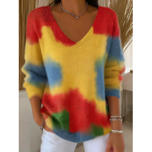 Women Abstract Long Sleeve Tee T-shirt V Neck Printing Casual Spring/Fall Top