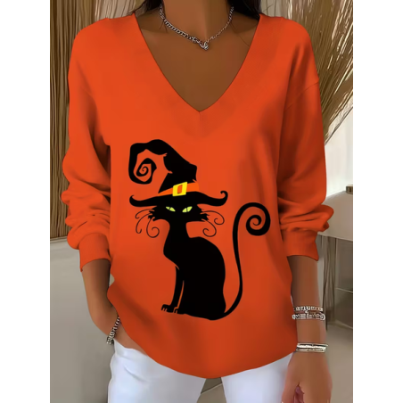 Women Cat Long Sleeve Tee T-shirt V Neck Printing Casual Spring/Fall Top