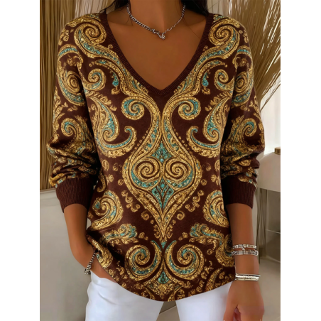 Women Ethnic Long Sleeve Tee T-shirt V Neck Printing Casual Spring/Fall Top