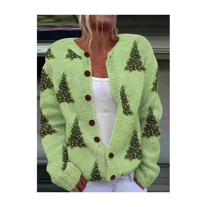Women Christmas Printing Long Sleeve Crew Neck Vintage Spring/Fall Cardigan Outerwear