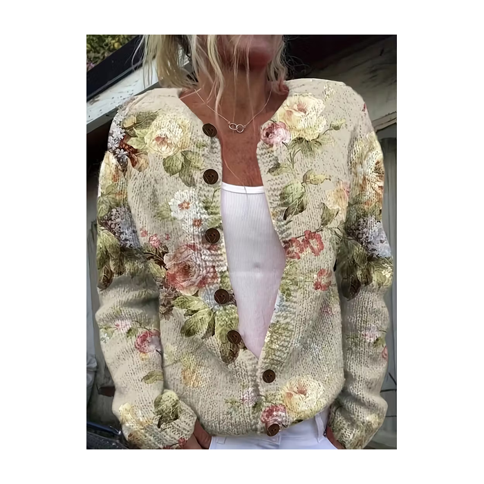 Women Floral Printing Long Sleeve Crew Neck Vintage Spring/Fall Cardigan Outerwear