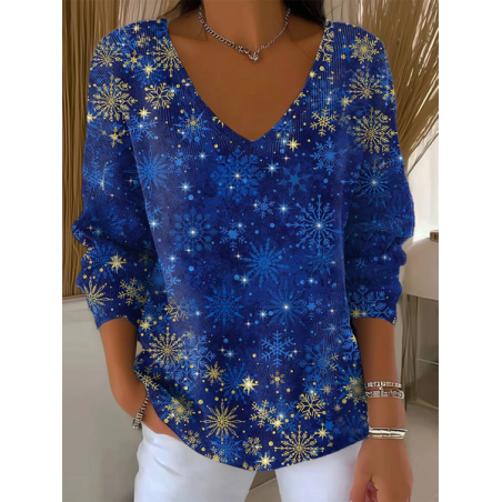 Women Christmas Long Sleeve Tee T-shirt V Neck Printing Casual Spring/Fall Top