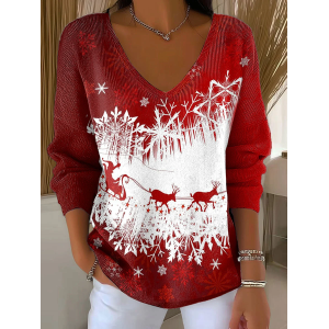 Women Christmas Long Sleeve Tee T-shirt V Neck Printing Casual Spring/Fall Top