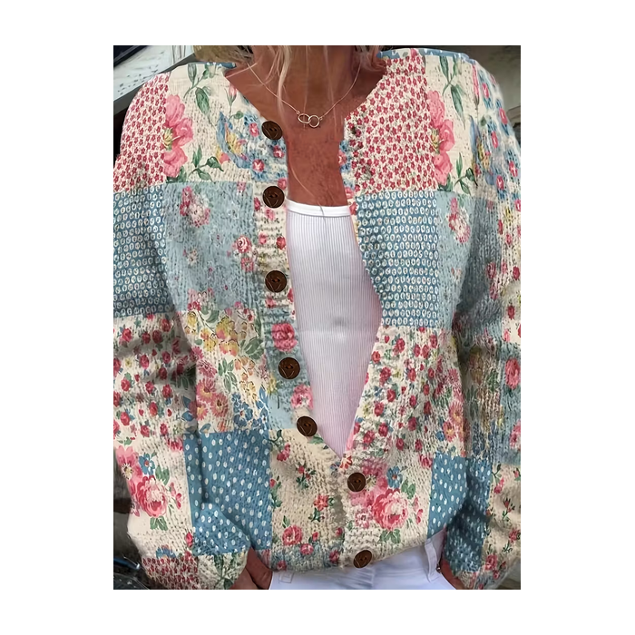 Women Floral Printing Long Sleeve Crew Neck Vintage Spring/Fall Cardigan Outerwear