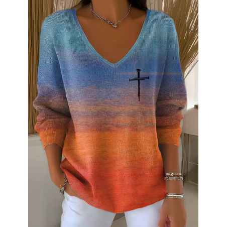 Women Abstract Long Sleeve Tee T-shirt V Neck Printing Casual Spring/Fall Top