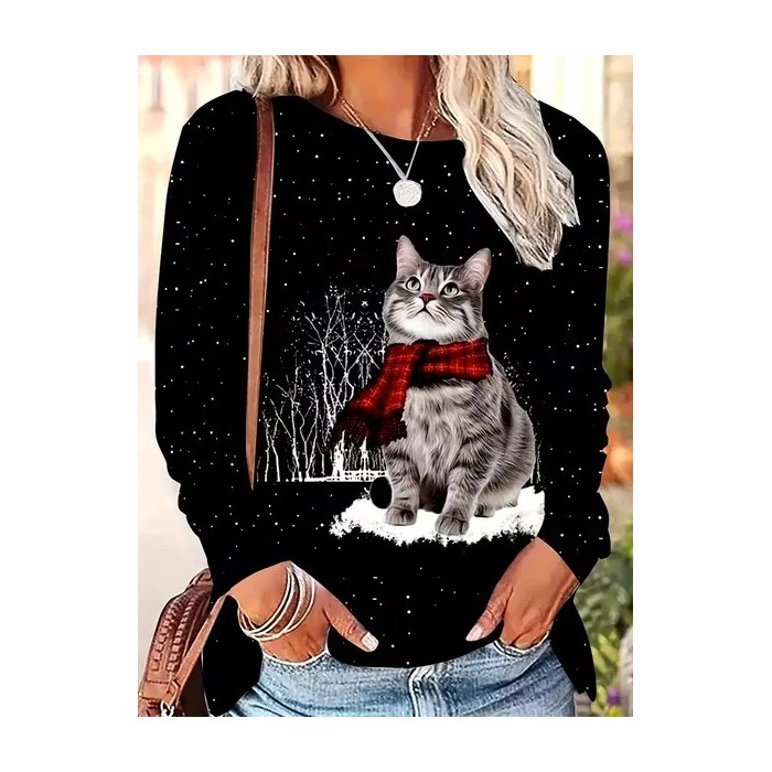 Women Christmas Long Sleeve Tee T-shirt Crew Neck Printing Casual Spring/Fall Graphic Tee Top