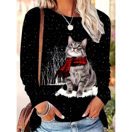 Women Christmas Long Sleeve Tee T-shirt Crew Neck Printing Casual Spring/Fall Graphic Tee Top