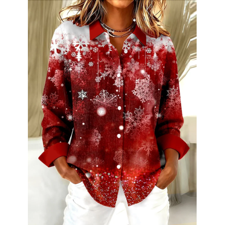 Women Christmas Long Sleeve Shirt Spring/Fall Buckle Shirt Collar Regular Sleeve Daily Casual Top