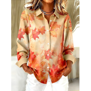 Women Maple Leaf Long Sleeve Shirt Spring/Fall Buckle Shirt Collar Regular Sleeve Daily Casual Top