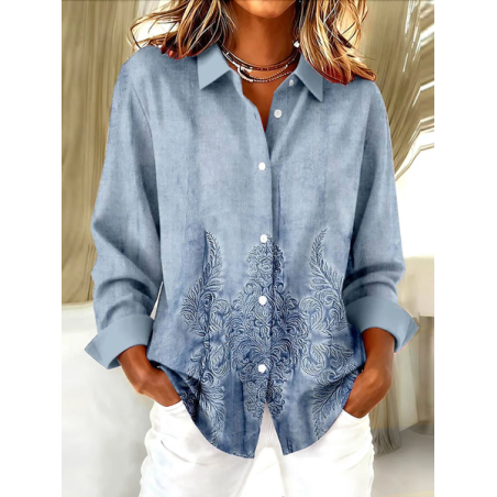 Women Floral Long Sleeve Shirt Spring/Fall Buckle Shirt Collar Regular Sleeve Daily Casual Top