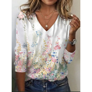 Women's Floral Long Sleeve Tee T-shirt V Neck Printing Casual Spring/Fall Graphic Tee Top
