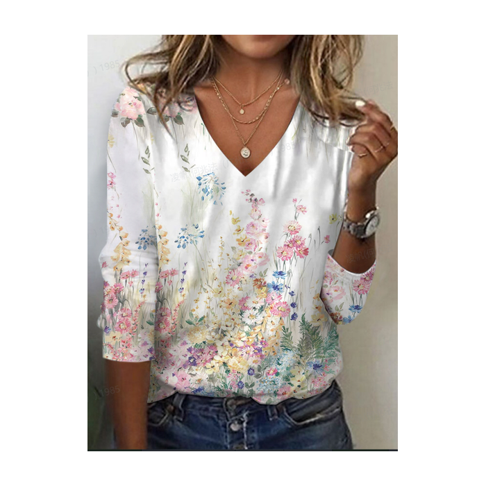 Women's Floral Long Sleeve Tee T-shirt V Neck Printing Casual Spring/Fall Graphic Tee Top