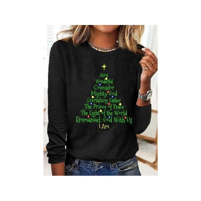 Women's T shirt Tee Black Christmas Tree Text Print Long Sleeve Christmas Crew Neck T-Shirt