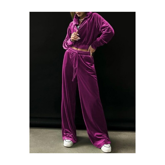 Women Plain Split Joint Two-Piece Set Daily Long Sleeve Casual Spring/Fall Top With Pants Matching Set