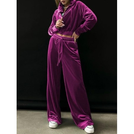 Women Plain Split Joint Two-Piece Set Daily Long Sleeve Casual Spring/Fall Top With Pants Matching Set