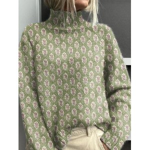 Women Floral Printing Spring/Fall Vintage Long Sleeve Turtleneck Sweater