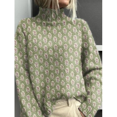Women Floral Printing Spring/Fall Vintage Long Sleeve Turtleneck Sweater