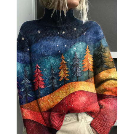 Women Christmas Printing Spring/Fall Vintage Long Sleeve Turtleneck Sweater
