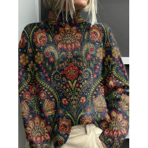 Women Floral Printing Spring/Fall Vintage Long Sleeve Turtleneck Sweater