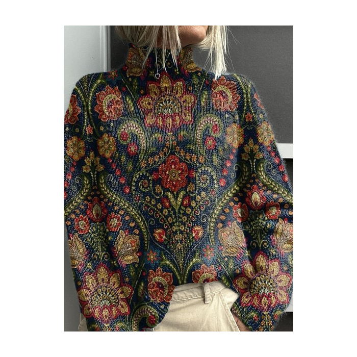 Women Floral Printing Spring/Fall Vintage Long Sleeve Turtleneck Sweater