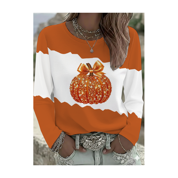Women Halloween (pumpkin) Long Sleeve Tee T-shirt Crew Neck Printing Casual Spring/Fall Graphic Tee Top