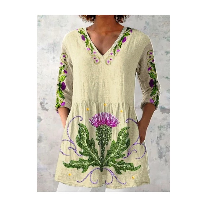 Women Floral Long Sleeve Shirt Spring/Fall Printing V Neck Daily Casual Top