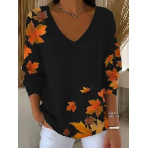 Women Maple Leaf Three Quarter Sleeve Tee T-shirt V Neck Vintage Spring/Fall Top