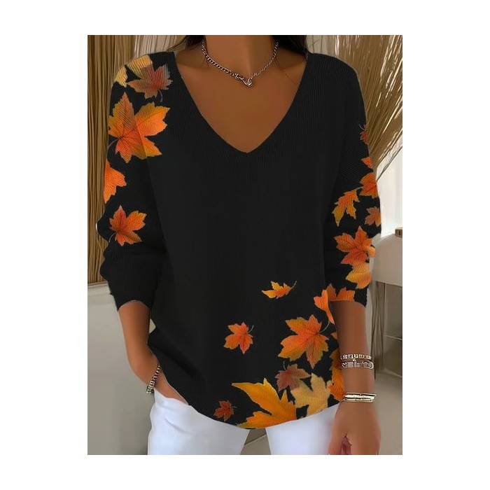 Women Maple Leaf Three Quarter Sleeve Tee T-shirt V Neck Vintage Spring/Fall Top