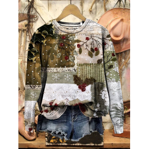 Women Christmas Crew Neck Printing Casual Spring/Fall Long Sleeve Sweatshirt