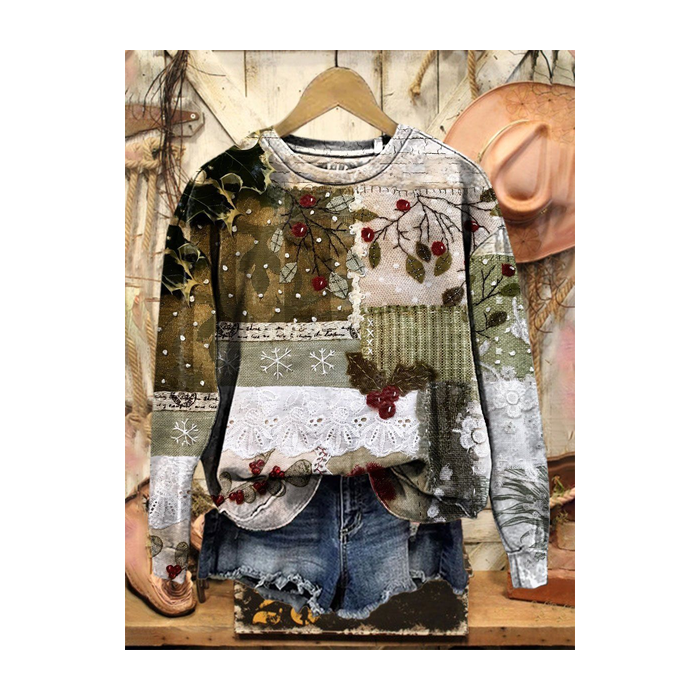Women Christmas Crew Neck Printing Casual Spring/Fall Long Sleeve Sweatshirt
