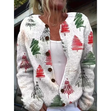 Women Christmas Printing Long Sleeve Crew Neck Vintage Spring/Fall Cardigan Outerwear