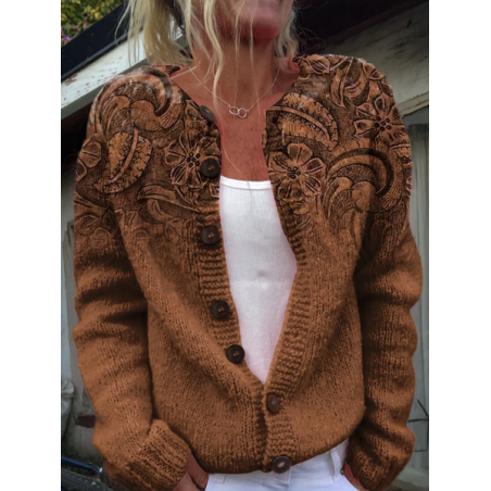Women Floral Printing Long Sleeve Crew Neck Vintage Spring/Fall Cardigan Outerwear