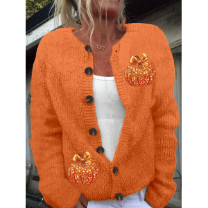 Women Halloween (pumpkin) Printing Long Sleeve Crew Neck Vintage Spring/Fall Cardigan Outerwear