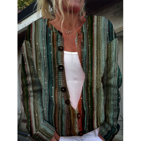 Women Abstract Printing Long Sleeve Crew Neck Vintage Spring/Fall Cardigan Outerwear