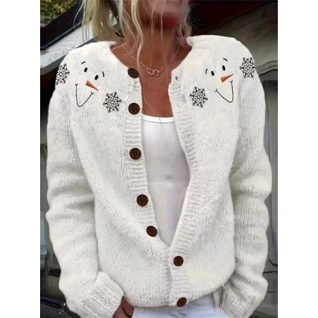 Women Christmas Snowman Printing Long Sleeve Crew Neck Vintage Spring/Fall Cardigan Outerwear