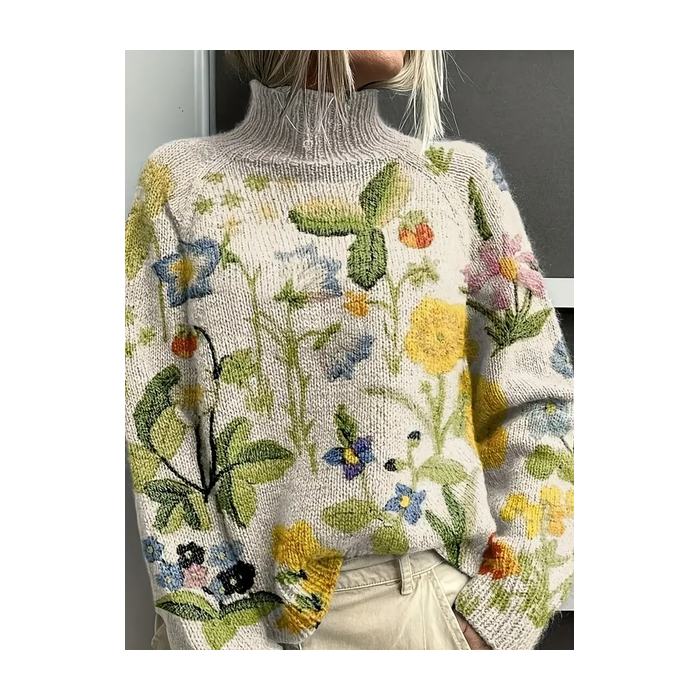 Women Floral Printing Spring/Fall Vintage Long Sleeve Turtleneck Sweater
