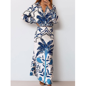 Women Geometric Printing Two-Piece Set Daily Long Sleeve Casual Spring/Fall Top With Skirt Matching Set