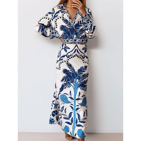 Women Geometric Printing Two-Piece Set Daily Long Sleeve Casual Spring/Fall Top With Skirt Matching Set