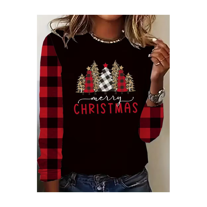 Women Plaid Long Sleeve Tee T-shirt Crew Neck Printing Casual Spring/Fall Graphic Tee Top