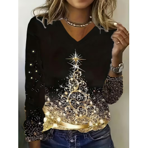 Women Christmas Long Sleeve Tee T-shirt V Neck Printing Casual Spring/Fall Graphic Tee Top