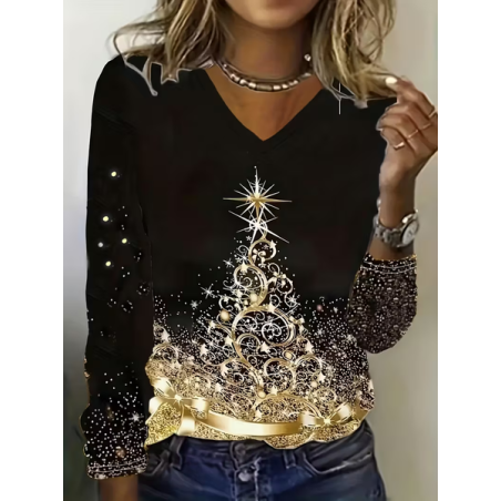 Women Christmas Long Sleeve Tee T-shirt V Neck Printing Casual Spring/Fall Graphic Tee Top
