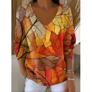 Women Painting Spring/Fall Casual Long Sleeve V Neck Cotton Sweater