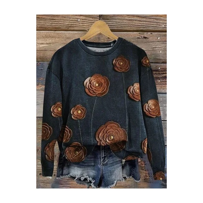 Women Floral Crew Neck Printing Casual Spring/Fall Long Sleeve Sweatshirt