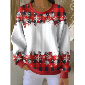 Women Plaid Crew Neck Printing Casual Spring/Fall Long Sleeve Sweatshirt